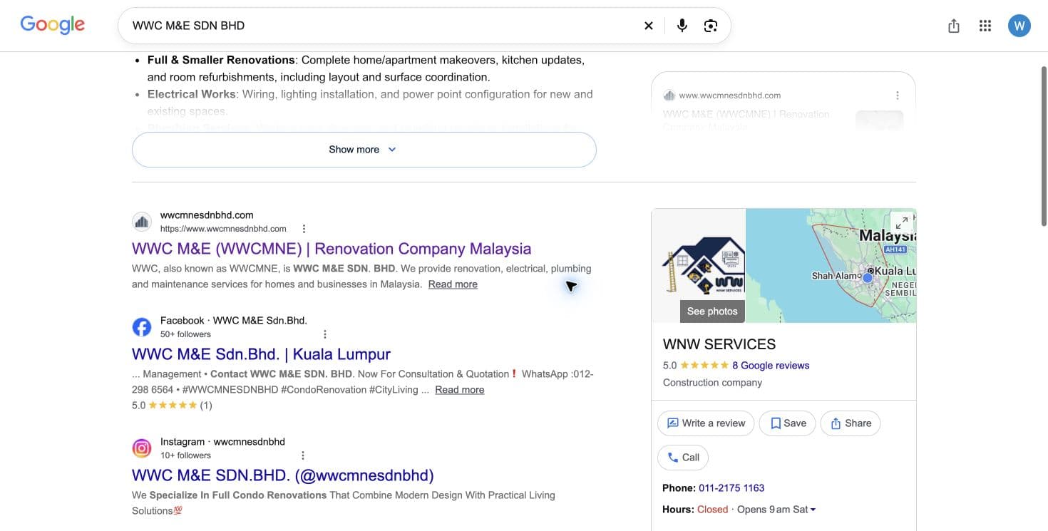 Google Search screenshot showing wwcmnesdnbhd.com in search results