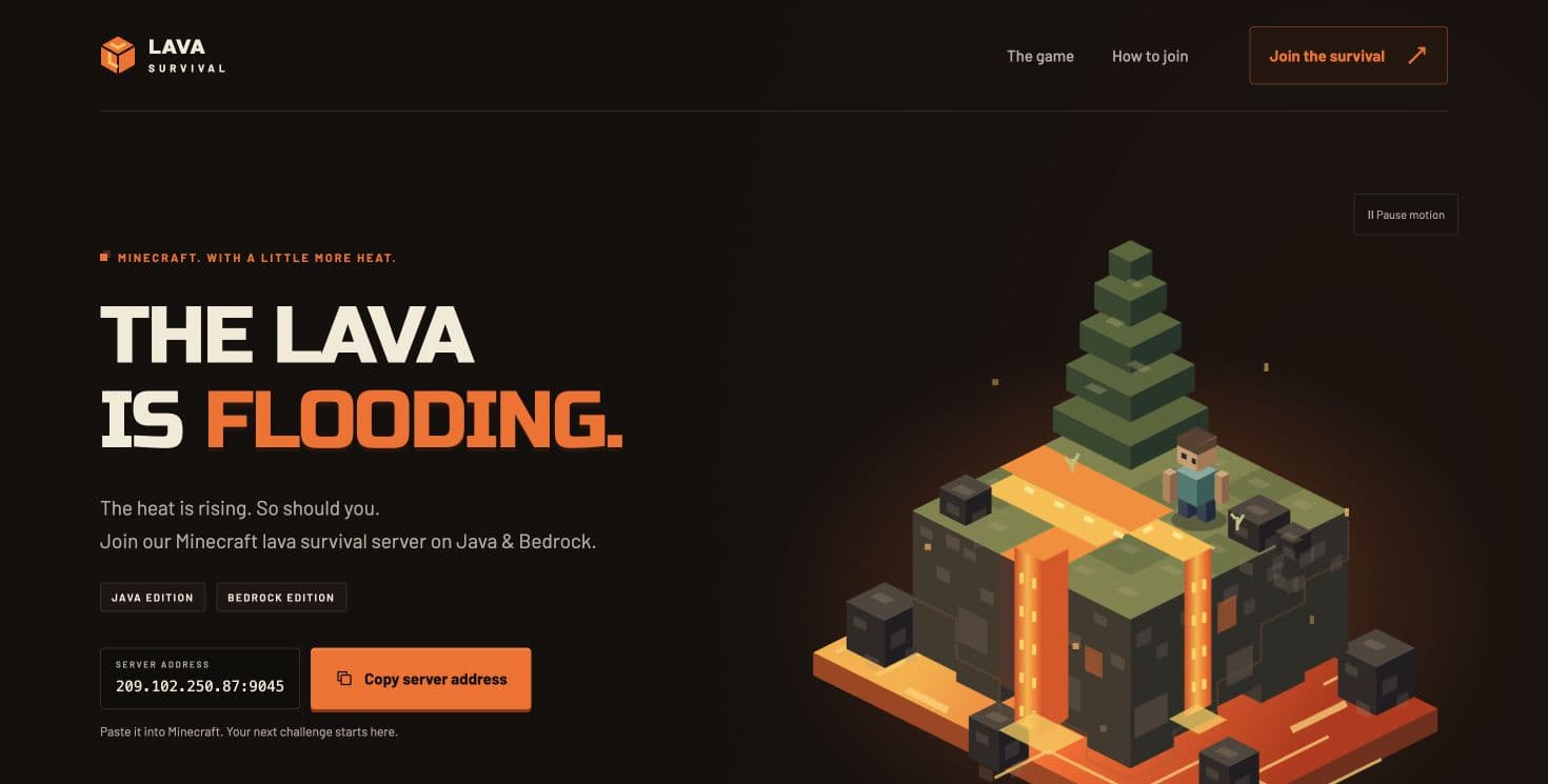 Minecraft Lava Survival homepage with orange typography and a voxel lava landscape