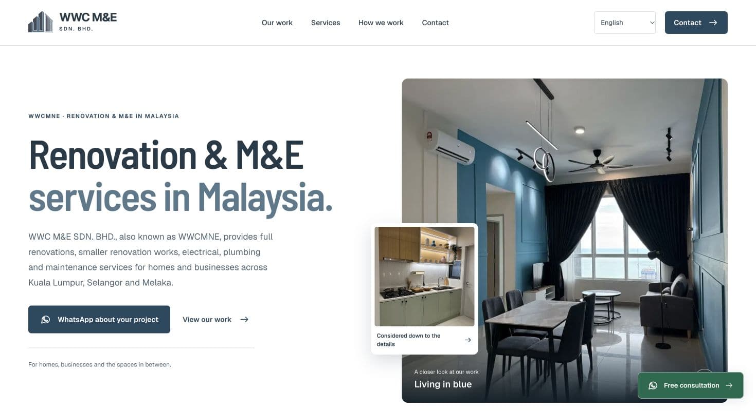 WWC M&E homepage with renovation services and blue apartment photography
